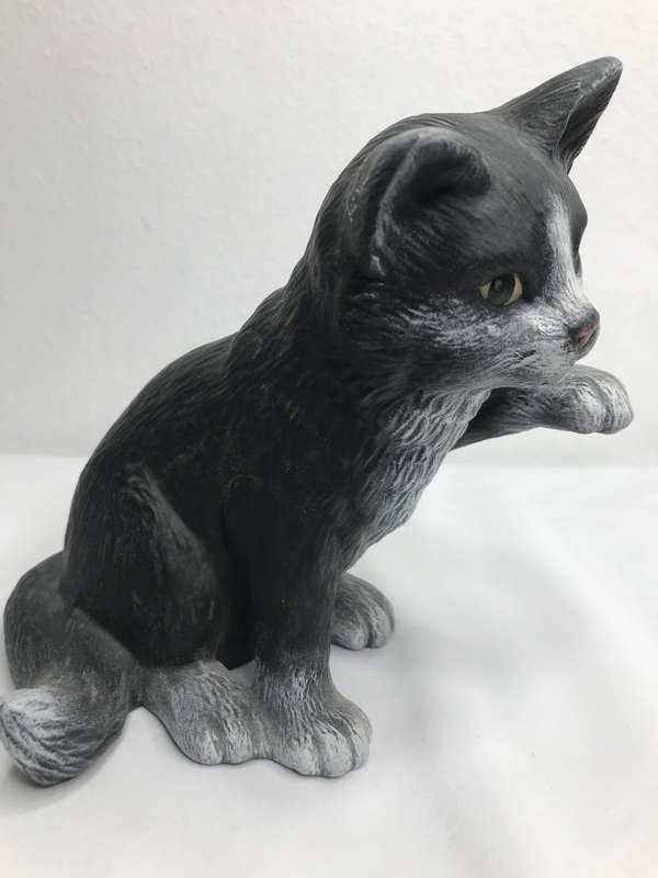 Cat Figurine Paw Up Black 21cm long Porcelain