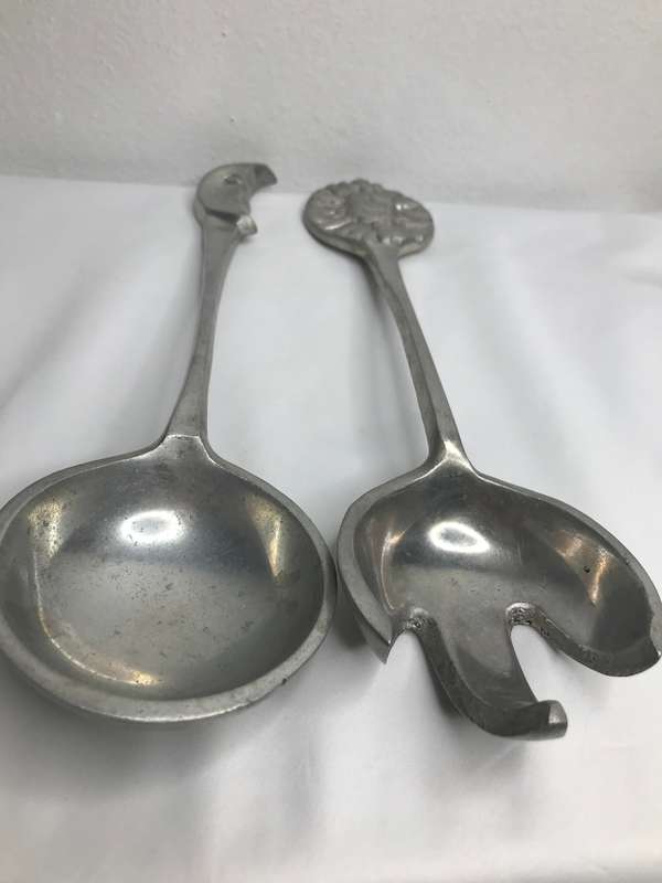 Pewter Sun and Moon Spoon and Fork Vintage Salad Servers 29cm