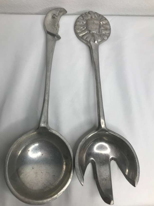Pewter Sun and Moon Spoon and Fork Vintage Salad Servers 29cm