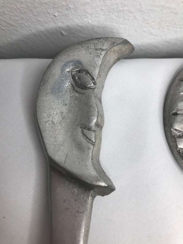 Pewter Sun and Moon Spoon and Fork Vintage Salad Servers 29cm