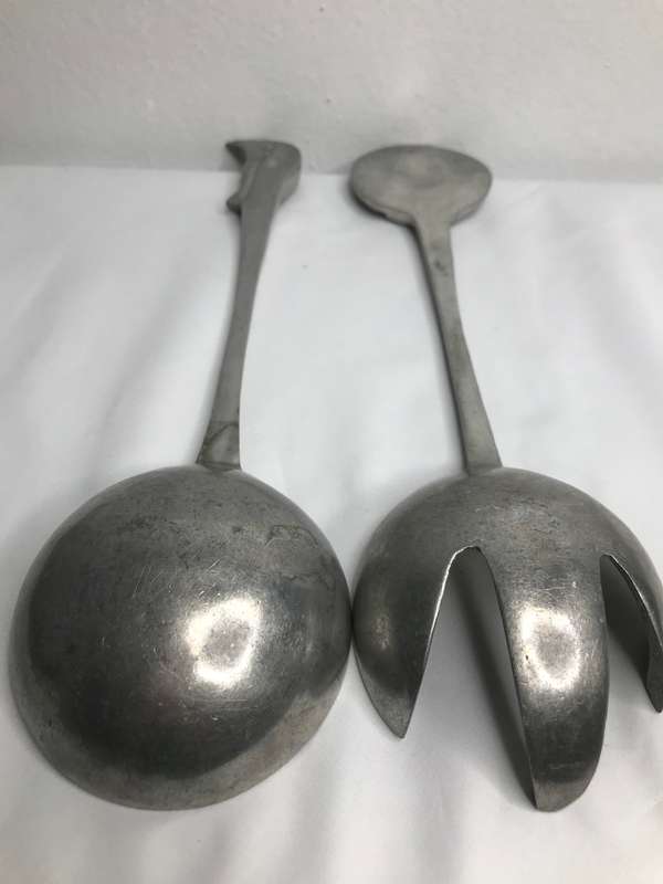 Pewter Sun and Moon Spoon and Fork Vintage Salad Servers 29cm