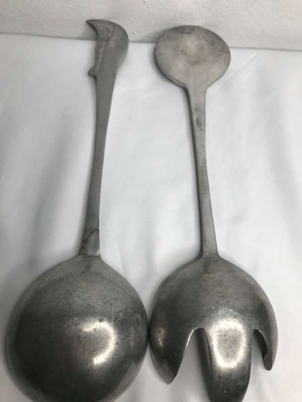 Pewter Sun and Moon Spoon and Fork Vintage Salad Servers 29cm