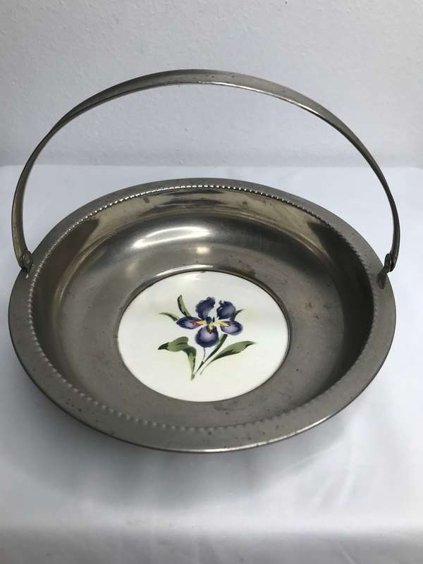 Silver Vintage Bowl with Ceramic Porcelain Centre Painted Art Deco Mid Century marked 1311