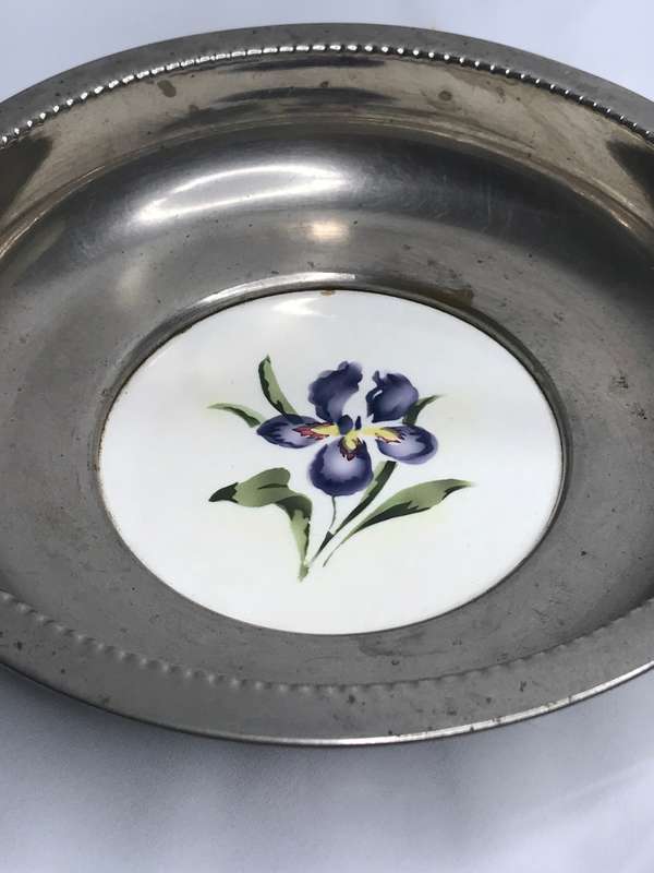 Silver Vintage Bowl with Ceramic Porcelain Centre Painted Art Deco Mid Century marked 1311