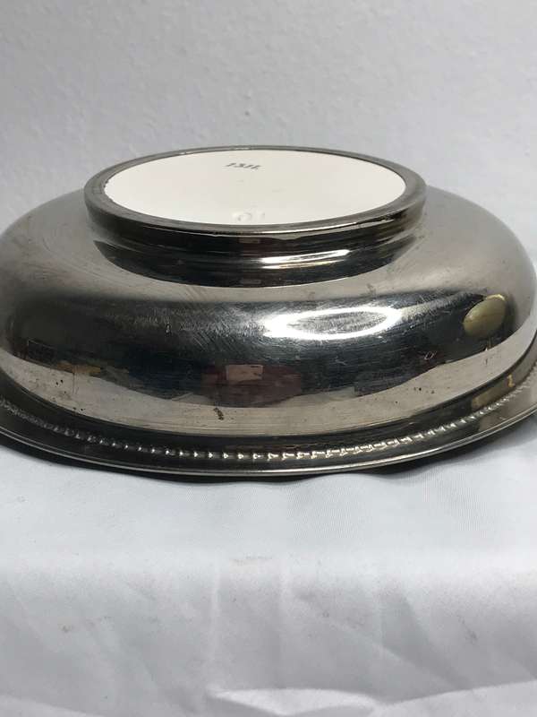 Silver Vintage Bowl with Ceramic Porcelain Centre Painted Art Deco Mid Century marked 1311