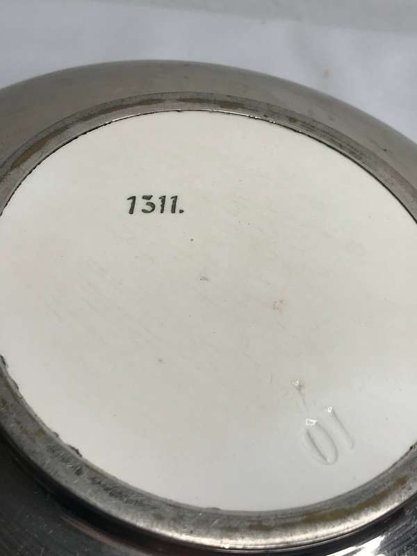 Silver Vintage Bowl with Ceramic Porcelain Centre Painted Art Deco Mid Century marked 1311