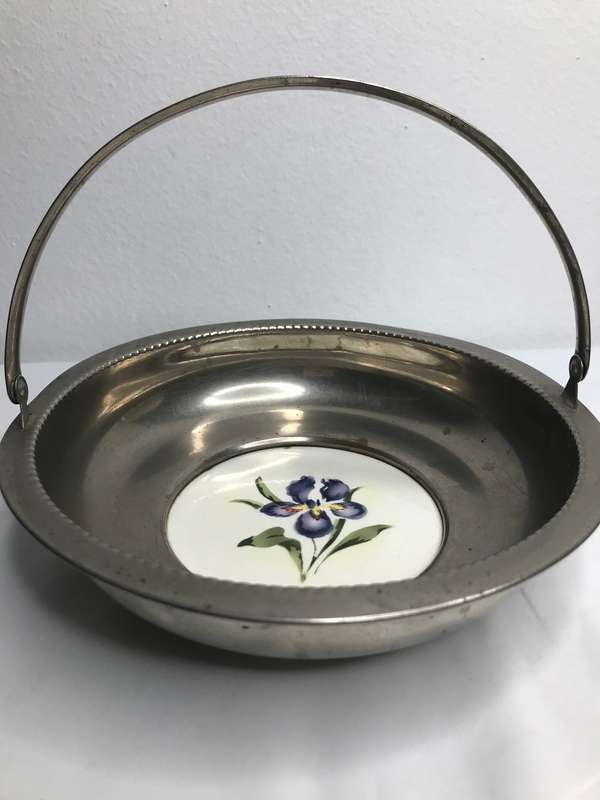 Silver Vintage Bowl with Ceramic Porcelain Centre Painted Art Deco Mid Century marked 1311