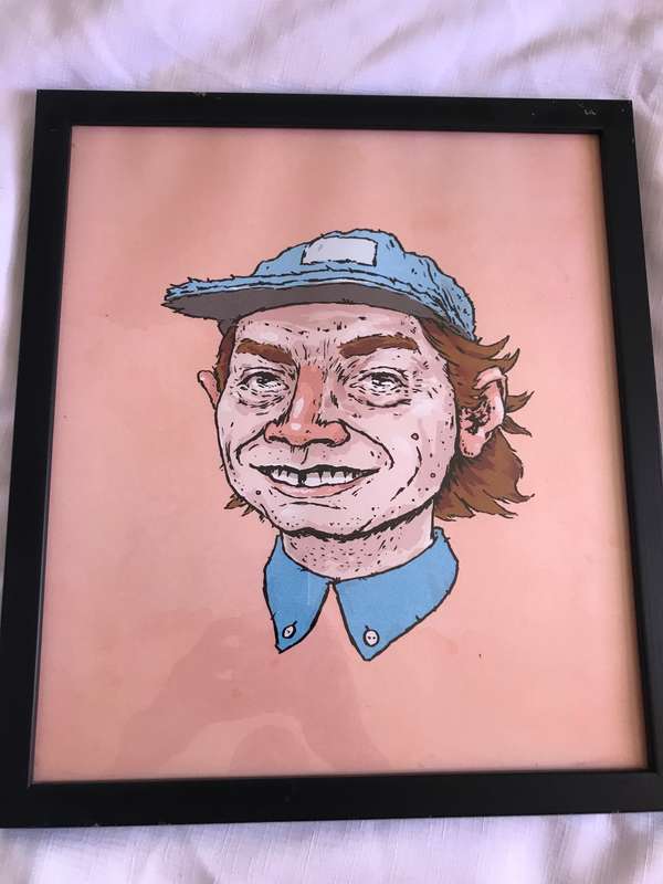 Painting Sketch Style Man with Hat Freckles Water colour Original Glass Frame 38cm x 44cm