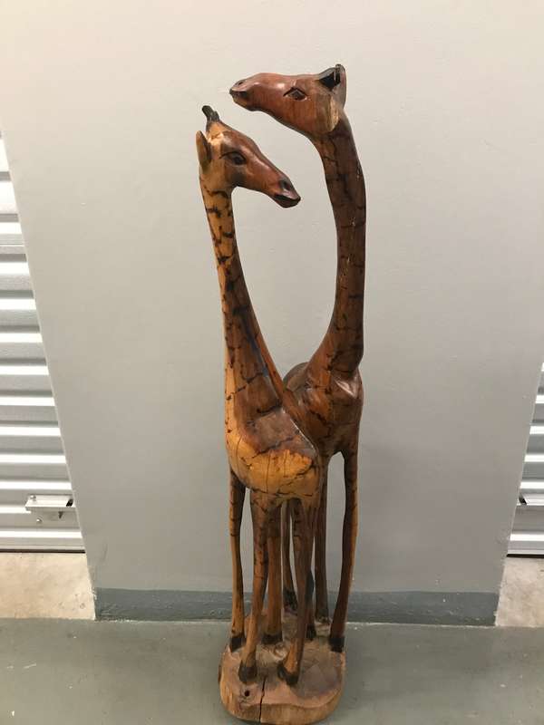 Vintage Hand Carved Pair Of Wooden Giraffes On Stand African 1.2m high