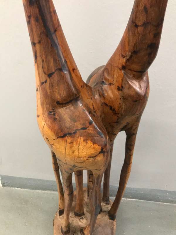 Vintage Hand Carved Pair Of Wooden Giraffes On Stand African 1.2m high