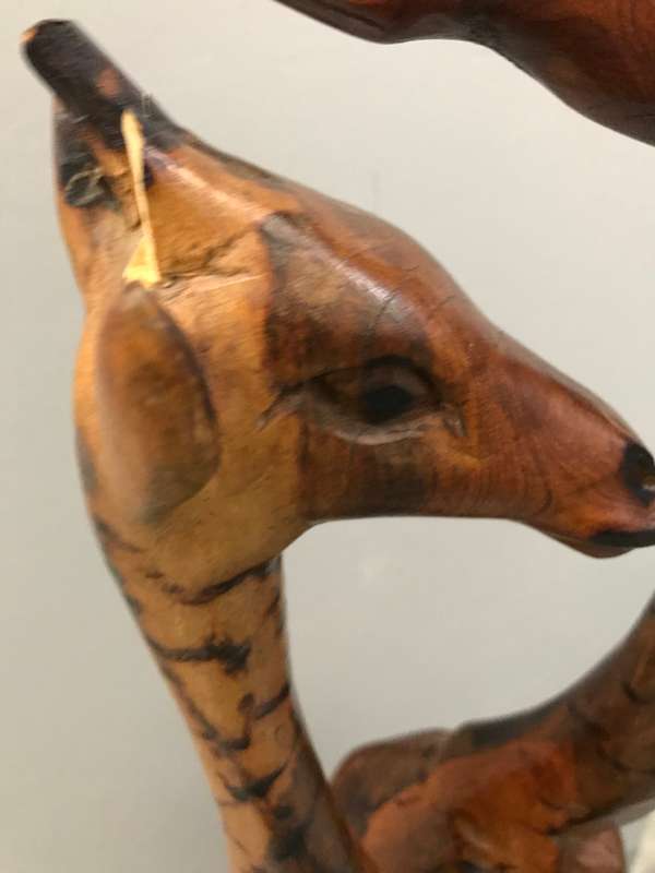 Vintage Hand Carved Pair Of Wooden Giraffes On Stand African 1.2m high