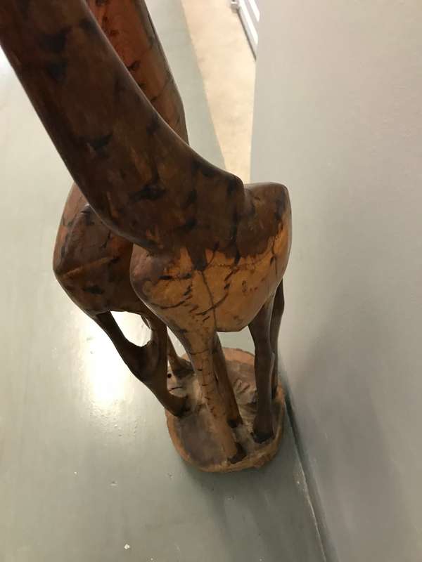 Vintage Hand Carved Pair Of Wooden Giraffes On Stand African 1.2m high
