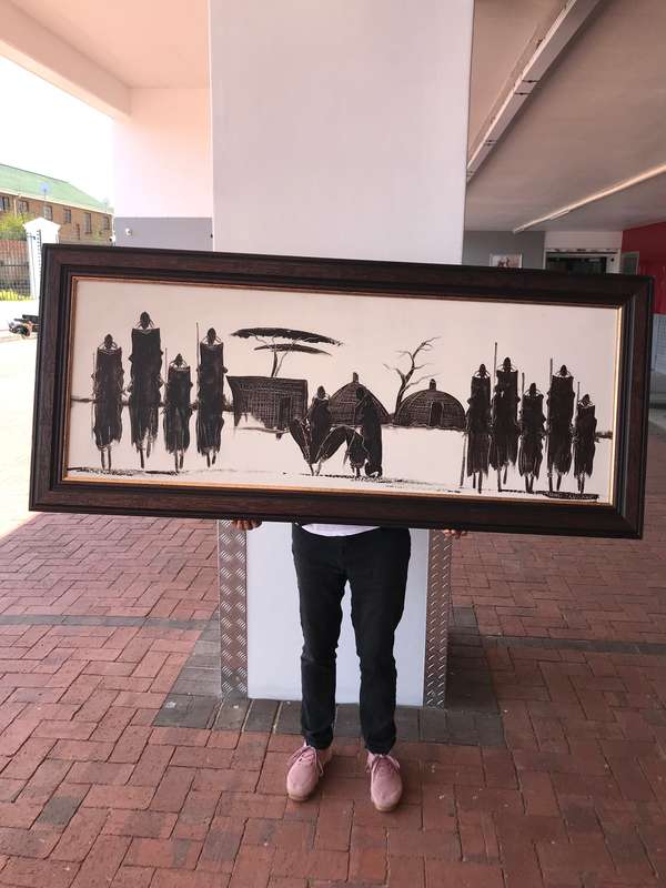 African Painting  Framed Marked Msumi Zanzibar Very Large 160cm long