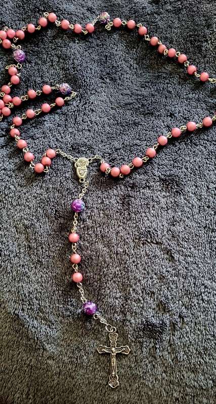 Holy Rosary Prayer Beads - Pink Glass Moon Beads