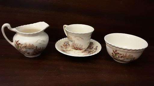 Johnson Bros England Castle on the Lake Four  Piece sugar , milk pots and small cup , saucer