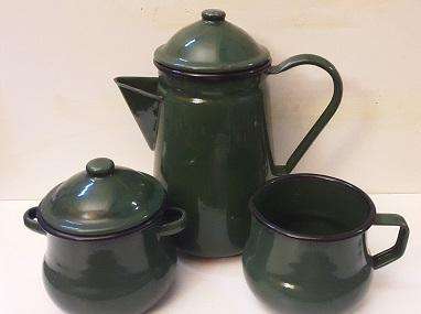 3 Piece Green Enamel Kettle 20 cm , Milk Jug and Sugar Pot