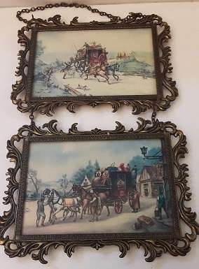 Two  x Horses and Caridge Brass ornate Wall Hanging  Frames Italy 15 x 12 cm