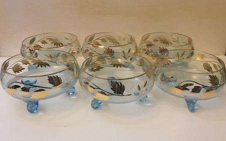 Set of Six Gold Leaf  and Sky Blue Fine Glass Footed Bowls