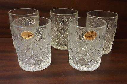 Set of 5 Bohemia Hand Cut Crystal Glasses Czechoslovakia