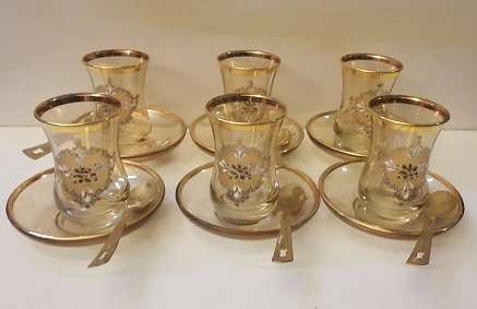 Turkish Tea Glass Set - 6 Piece Small  Turkish Tea Glass and  6 Saucer  with 5 Tea spoons