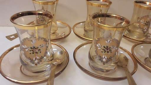 Turkish Tea Glass Set - 6 Piece Small  Turkish Tea Glass and  6 Saucer  with 5 Tea spoons