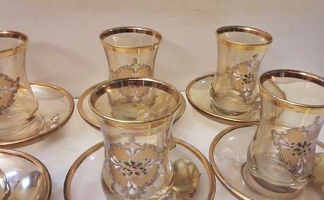 Turkish Tea Glass Set - 6 Piece Small  Turkish Tea Glass and  6 Saucer  with 5 Tea spoons