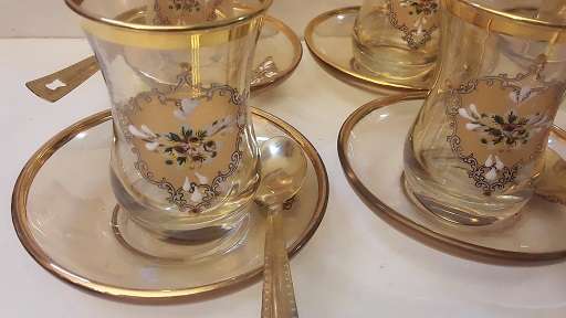 Turkish Tea Glass Set - 6 Piece Small  Turkish Tea Glass and  6 Saucer  with 5 Tea spoons