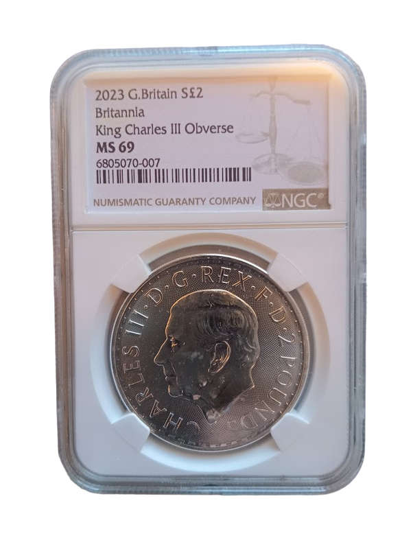 2023 Silver Brittania 1oz Great Britain Silver Crown Britannia Prince CharlesObverse NGC Graded MS69