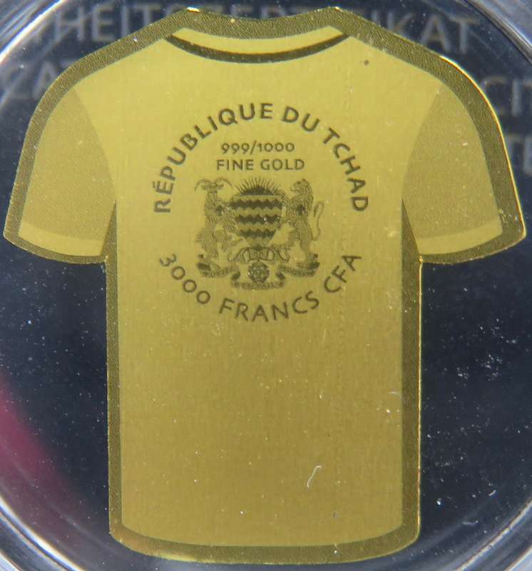 Argentina Jersey Sports Icon 1/1000 Oz Gold: 3000 Francs Republic of Chad.