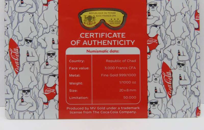 Coca Cola Sunglasses-  1/1000 Oz Gold: 3000 Francs Republic of Chad . With Certificate Attached