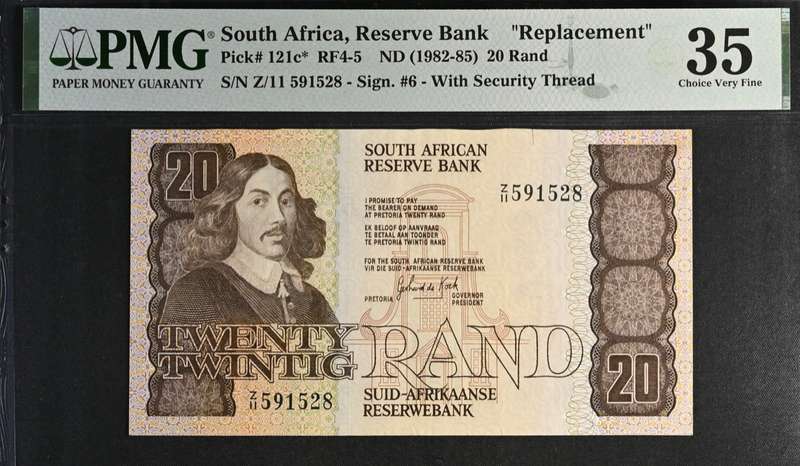 1984 South Africa Reserve Bank GPC De Kock R20 PMG Graded 35 Choice Very Fine