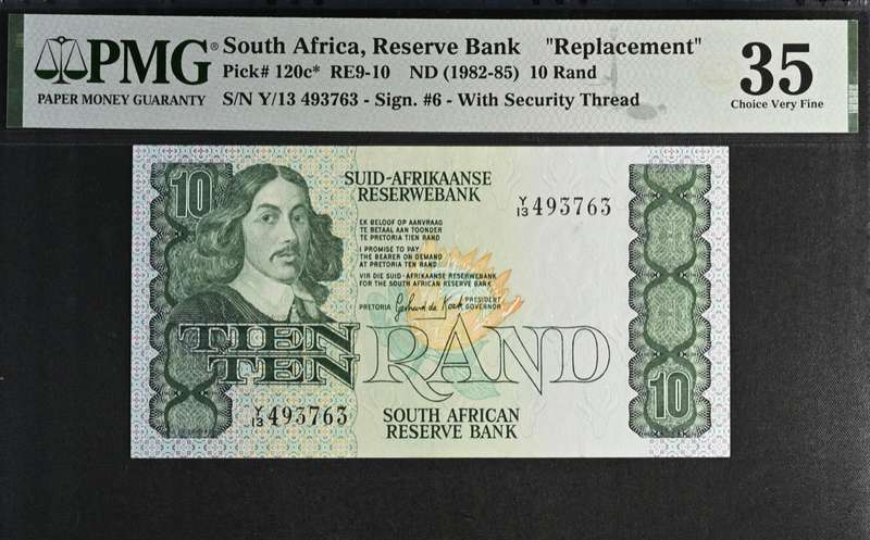 1982 South Africa Reserve Bank GPC De Kock R10 PMG Graded 35 Choice Very Fine