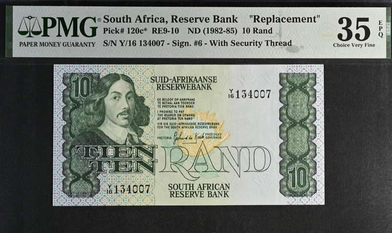 1982 South Africa Reserve Bank GPC De Kock R10 PMG Graded 35 Choice Very Fine EPQ