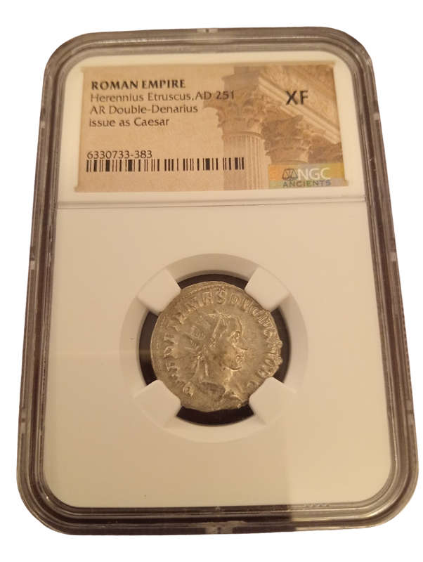 Ancient Coin Roman Empire Double Denarius Herennius Etruscus Issued Caeser Year AD 251 Ngc Graded XF