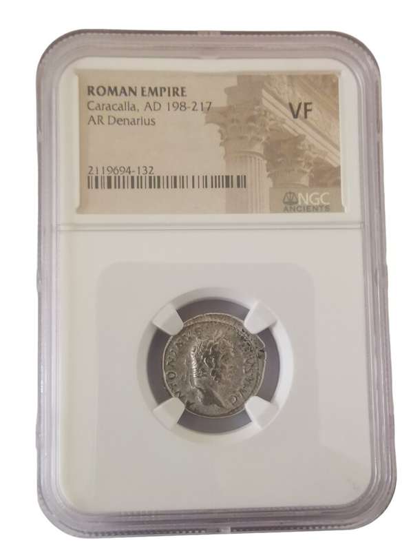 Ancient Coin Roman Empire AR Denarius Caracalla, Year AD 198-217 NGC Graded