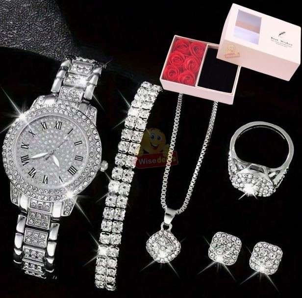 Elegant 6 Piece Watch and Jewellery Set in Rose Pedal Gift Box