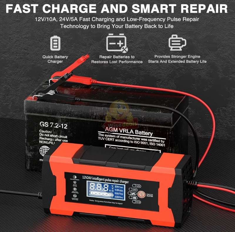 12V 10A -24V 5A Intelligent Pulse Repair LCD Display Battery Charger
