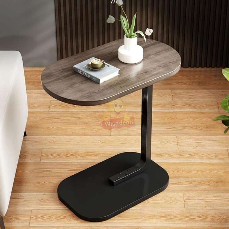 Wooden oval coffee table with a sleek C-shape metal frame