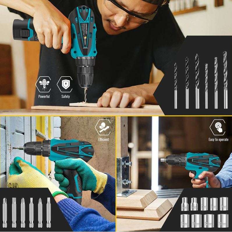 Cordless Rechargeable Drill Kit Set with 2 X 18V Lithium Batteries and Accessories - START R1 ONLY