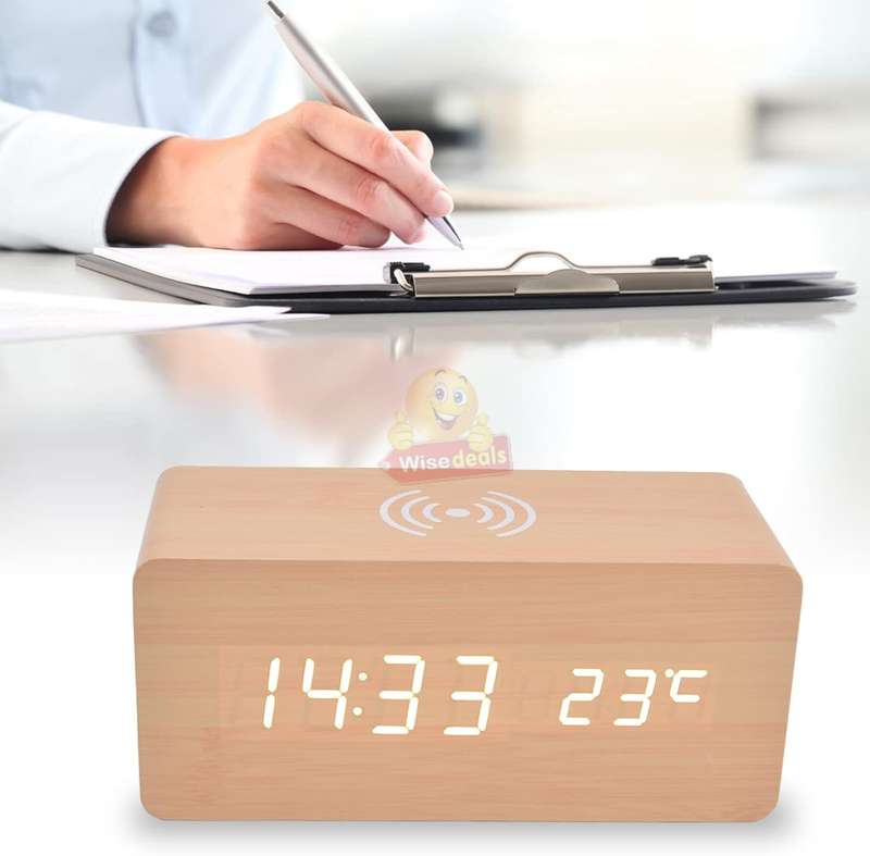 Multi-Function Wooden Alarm Clock with Wireless Charger