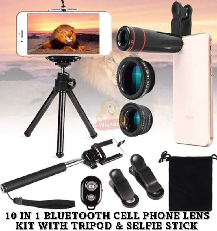 10 in 1 Bluetooth Cell Phone Lens Kit with Tripod & Selfie Stick - 8X Magnification