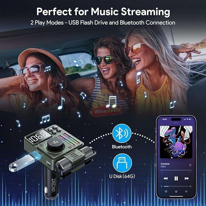Bluetooth Car 5.3 FM Transmitter, PD 30W Type C Fast Charge & USB Port HiFi
