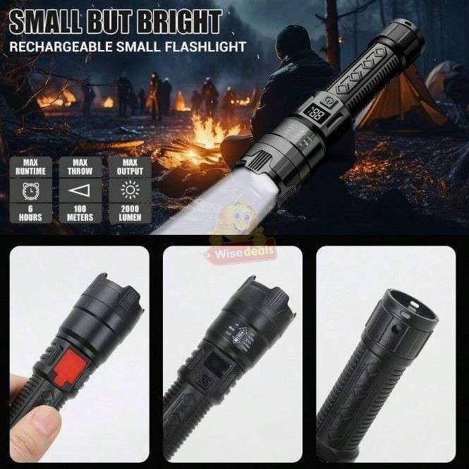 ABS Zoom Flashlight up to 2000 Lumens, Built in Lithium Battery, Digital Battery Display