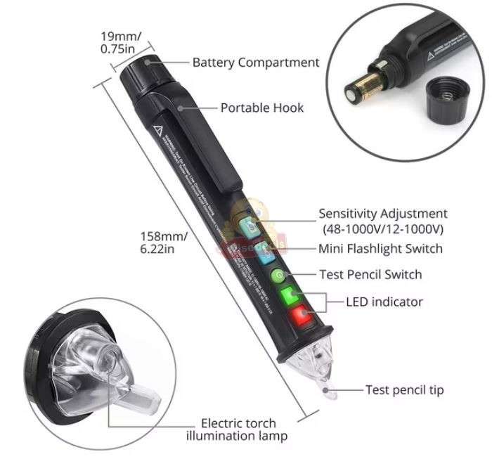 Multi-Function 12V / 48V -1000V Pen Style Non-Contact AC Voltage Detector
