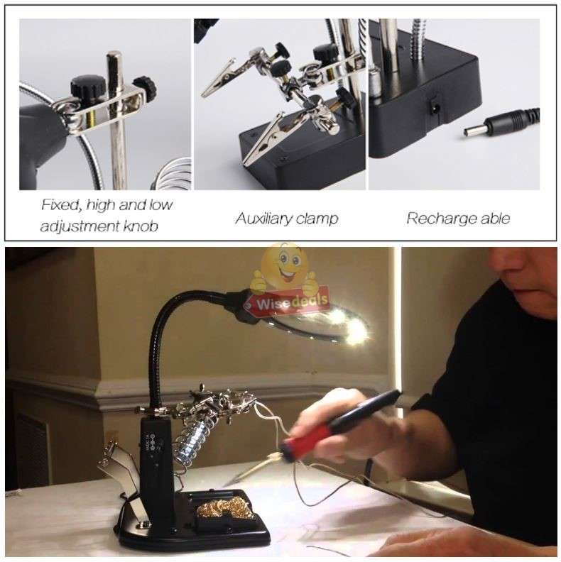 5 LED Auxiliary Clip Magnifier Soldering Stand with AC/DC Interchangeable