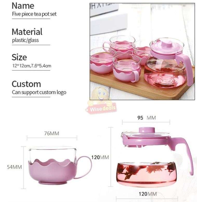 5 Piece Glass Teapot Cup Set Available in 3 Colours