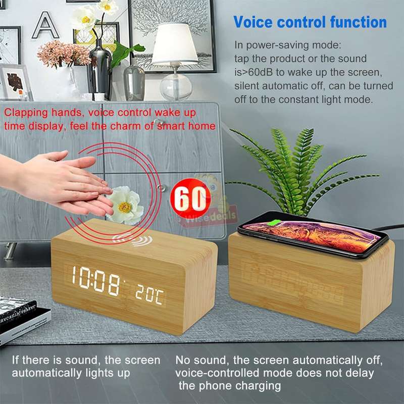 Multi-Function Wooden Alarm Clock with Wireless Charger