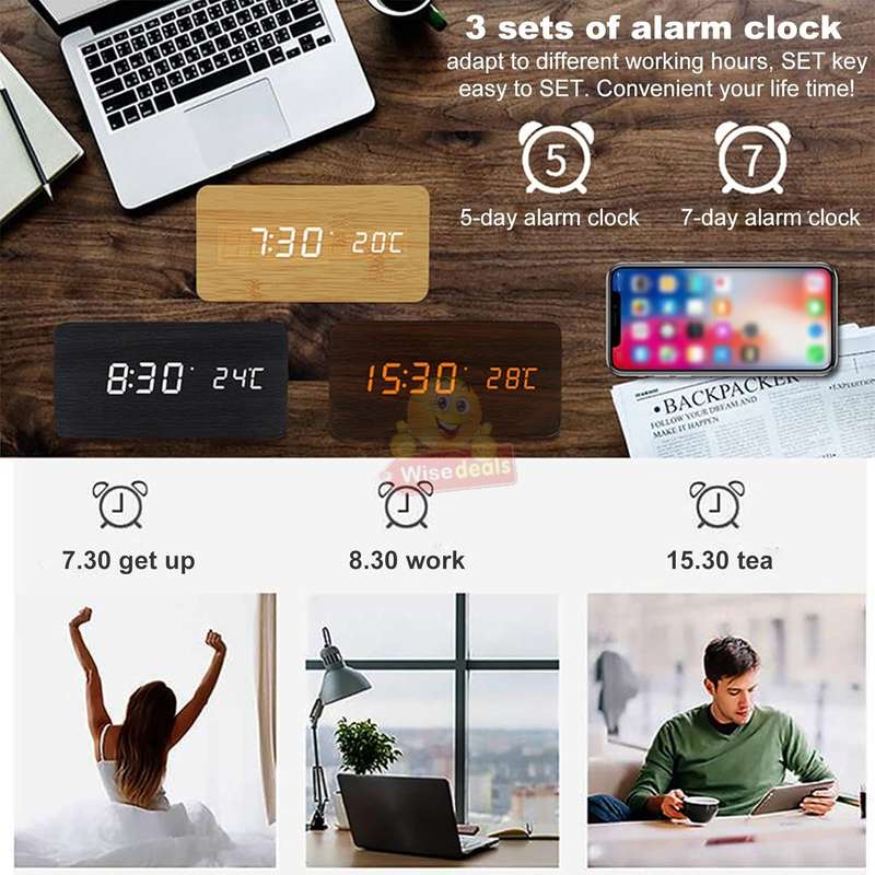 Multi-Function Wooden Alarm Clock with Wireless Charger
