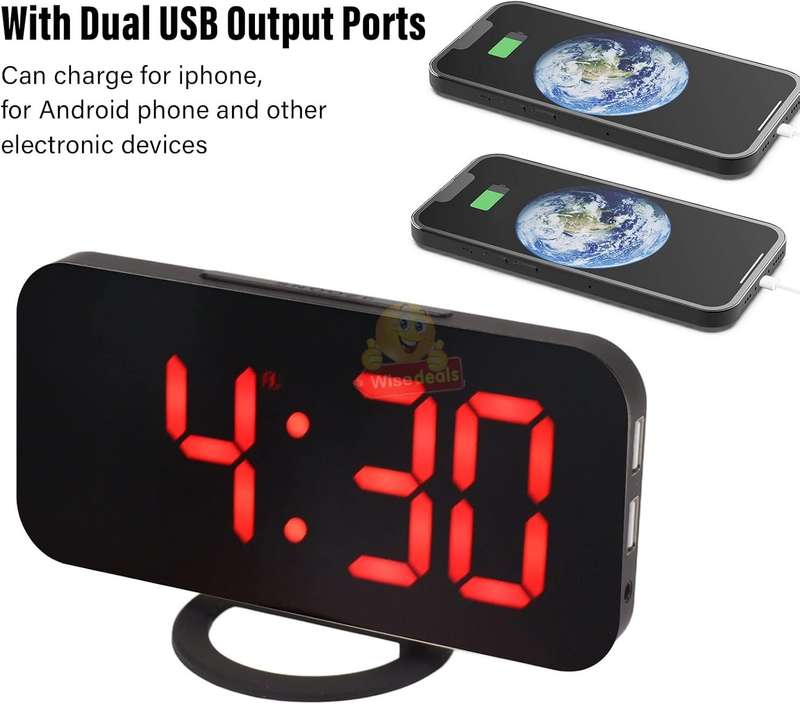 Large LED Display Digital Alarm Clock with Dual USB and AUX -Black & Red
