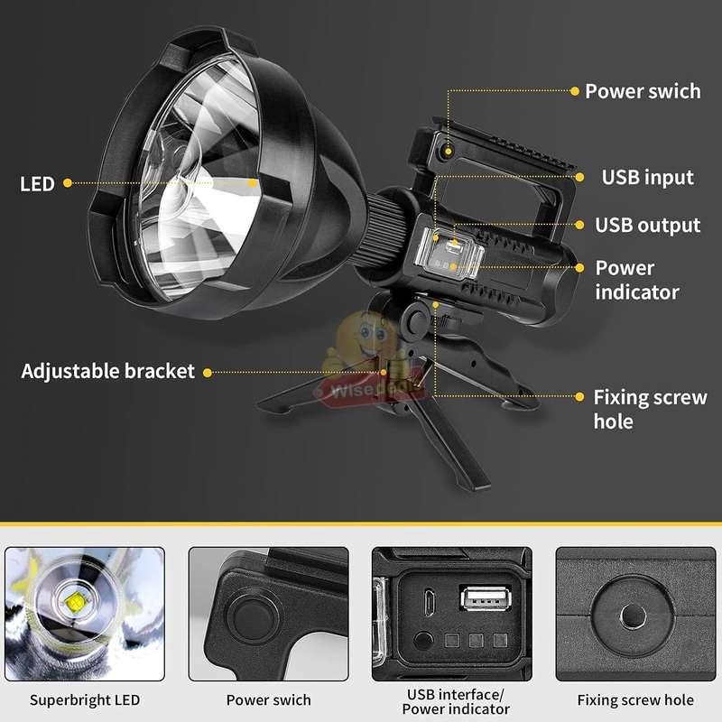 Super Far Distance Large LED Search and Flash Light and Tripod, USB Interface, Mobile Power Bank